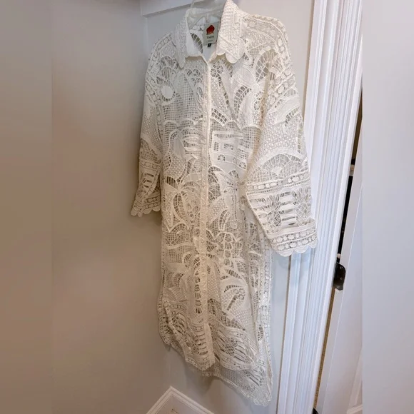 Farm Rio Guipure Ivory Lace Crochet Midi Shirt Dress Swim Coverup Women’s Small - Picture 5 of 9